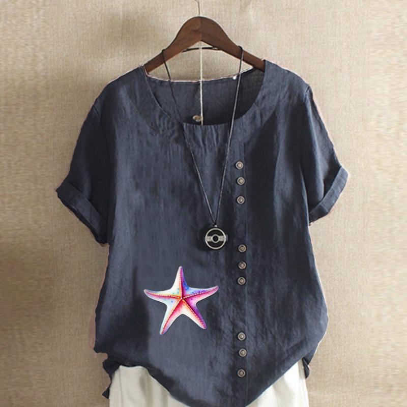 Women's Fashion Round Neck Short Sleeve T-shirt Casual Cotton Linen Graphic Shirt Leisure Loose Starfish Prined Summer Blouse Tops