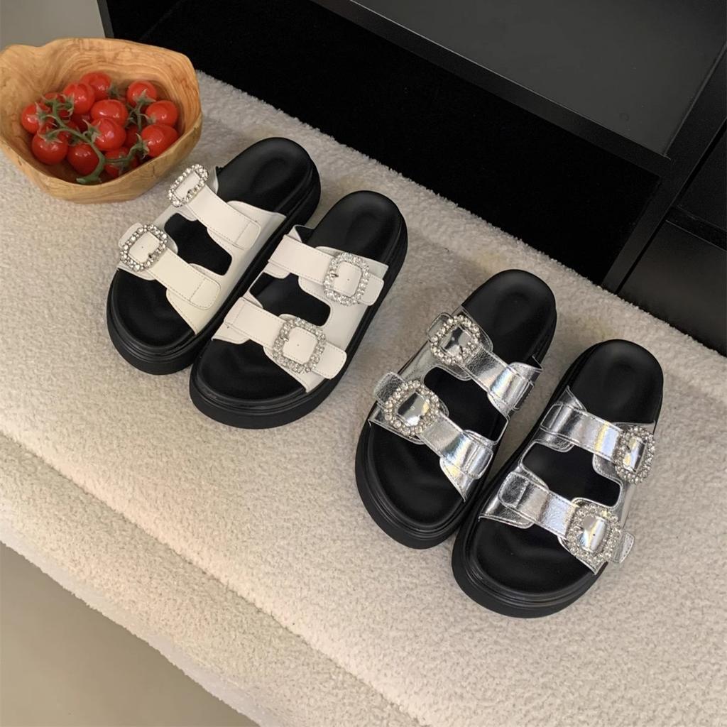 Fashion Square Buckle Rhinestone One-word Casual Thick-soled Slippers Women's Sandals Outside Wear Autumn and Summer New One-pedal Slippers