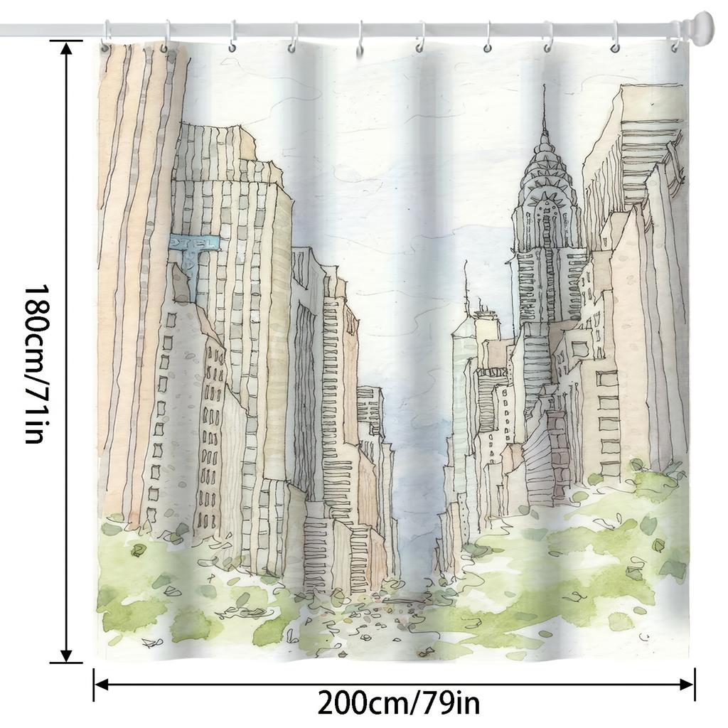 Vintage Urban Cityscape Bath Curtain - Modern Skyline & Greenery Design, Polyester, Machine Washable, Includes Hooks