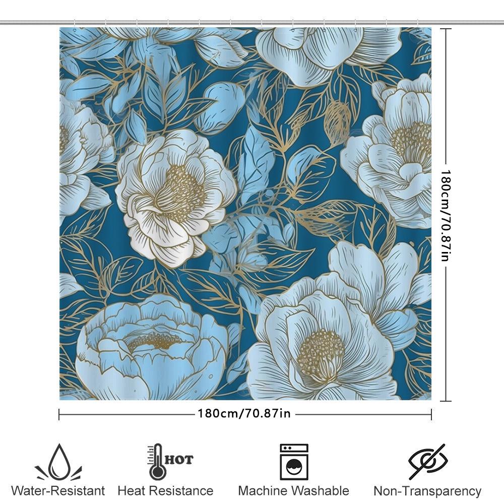 Luxurious Blue Gold Floral Shower Curtain Soft Waterproof Fabric for Bathrooms Decor Available in Various Sizes!