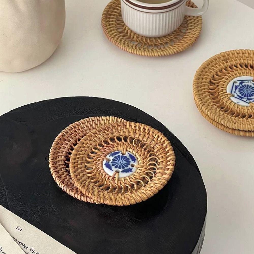 Handmade Vietnamese Rattan Ceramic Coaster Rattan Weaving Drink Cup Mat Teacup Mat  Craft