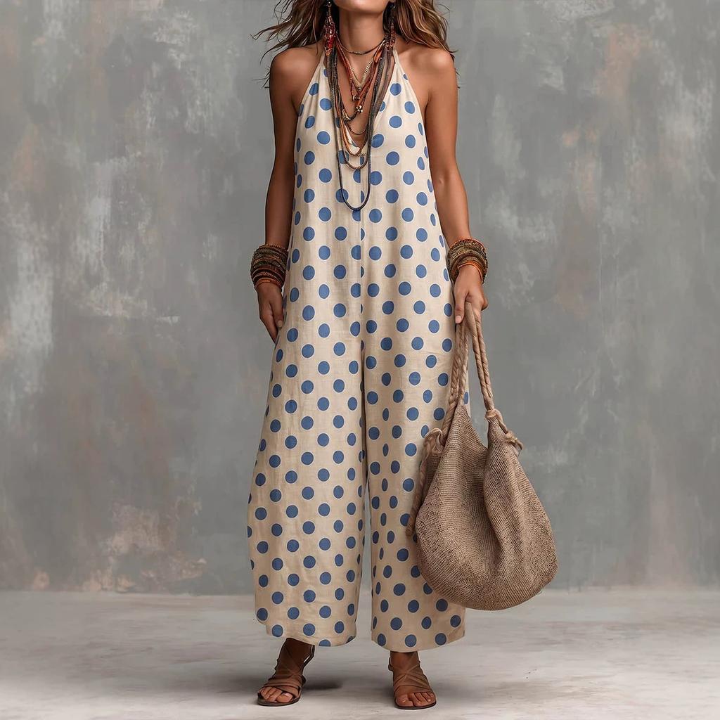 2026 European and American New Summer Cross-border Retro Polka Dot V-neck Loose Polka Dot Jumpsuit Sleeveless Straight Jumpsuit