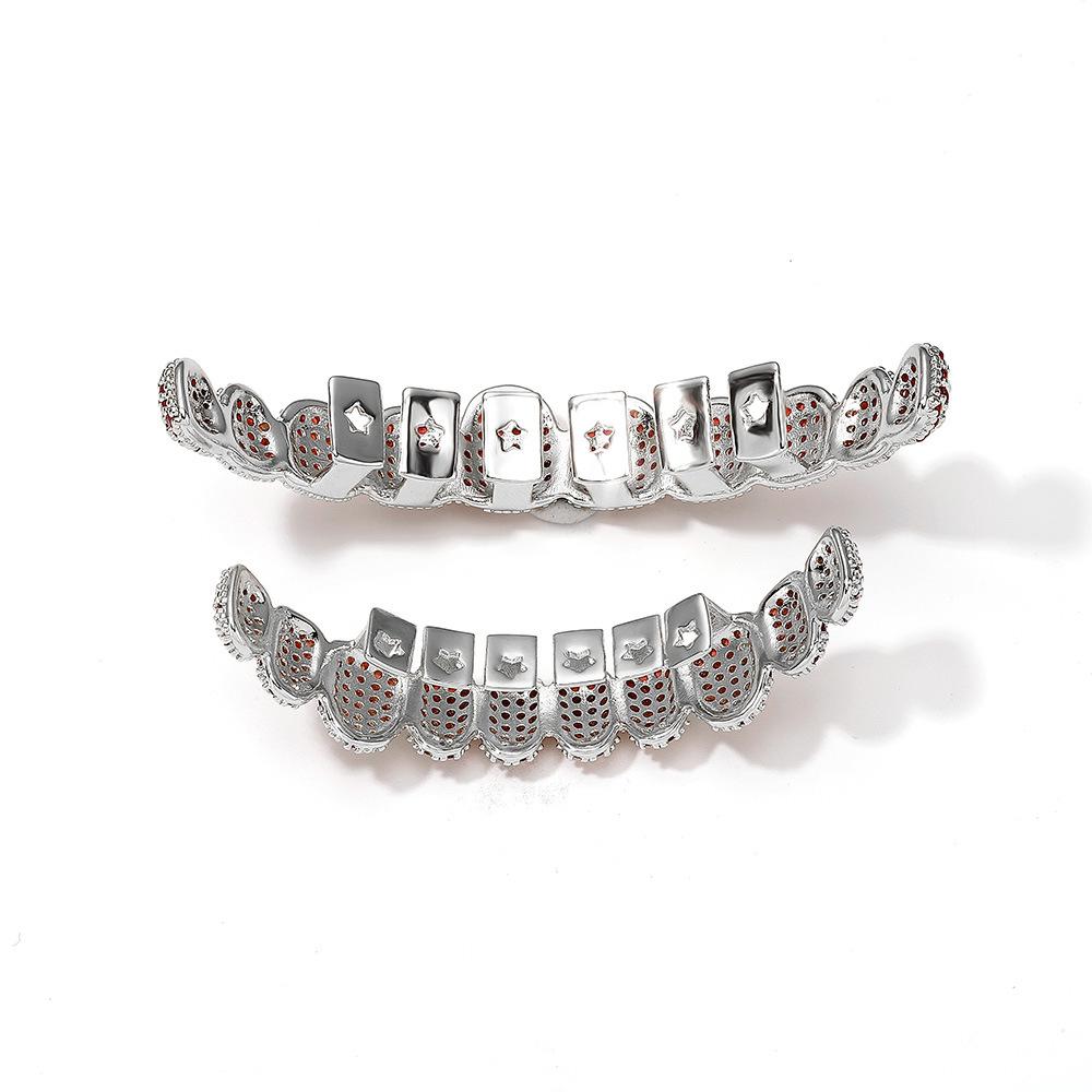 Stock Halloween Hiphop 10 Tooth Grillz Micro Pave Inlaid Red Zircon Rapper Cosplay Party Teeth Decoration Jewelry