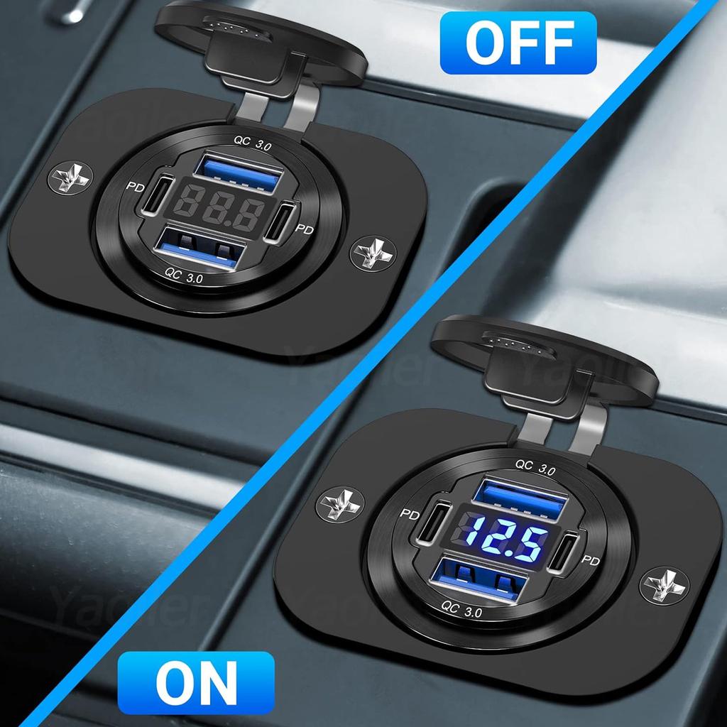 12V USB C Charger Outlet Aluminum Car Charger Socket Dual PD and Dual QC3.0 Car USB Port for Boat Marine Truck RV Motorcycle