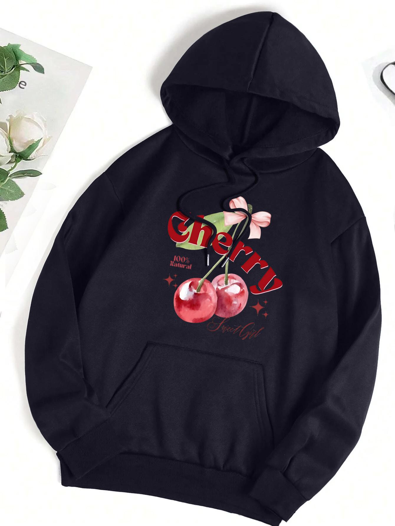 

100% Natural Cherry Fruit Printing Women Hoody Pocket Y2K Hoodies Hip Hop Loose Pullover Casual Fleece Comfortable Clothes 3XL
