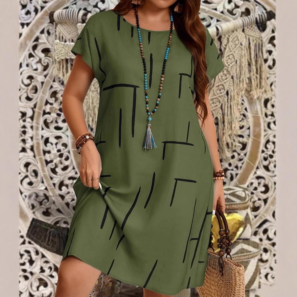 European and American new summer round neck loose fashion casual large size printed short sleeve dress women's clothing