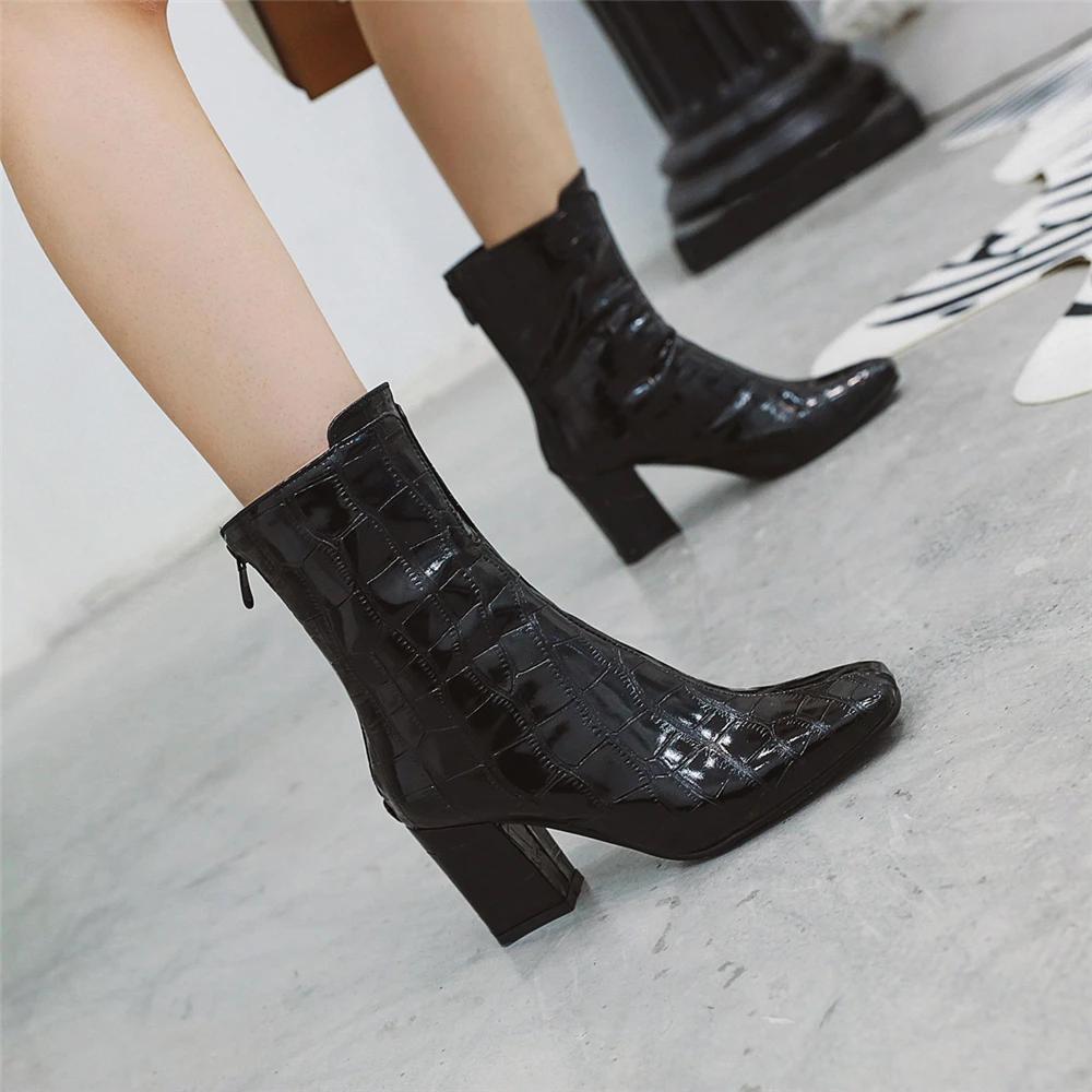 New Women Ankle Boots Female Zip Autumn Winter Pu Leather Square Toe Ladies Chelsea Boats High Heels Booties White Red Black