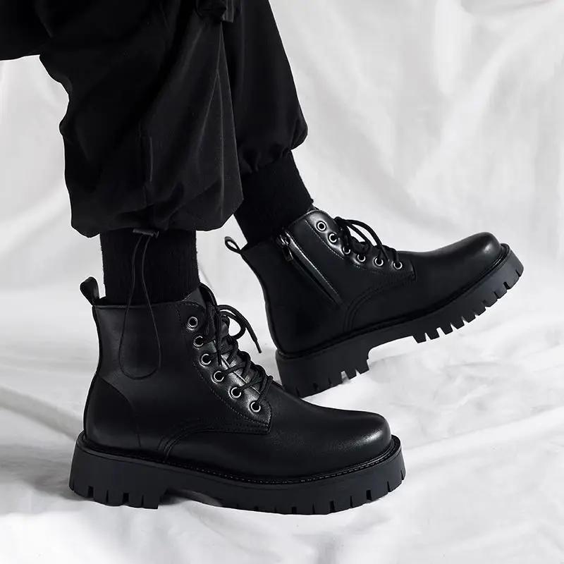 Male Casual Boots Thick Sole Lace Up Non Slip and Waterproof Men's Leather Shoes Platform Classic Original On Sale Cowhide Pu