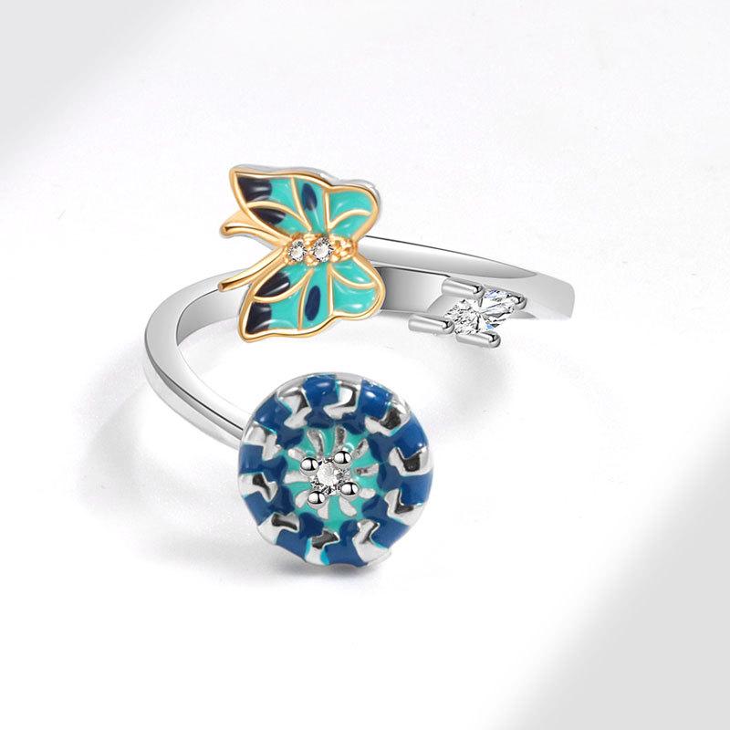 Adjustable Enamel Spinning Butterfly Ring For Women Anxiety Relief Stress Reducing Rotatable Fidget Jewelry Gift
