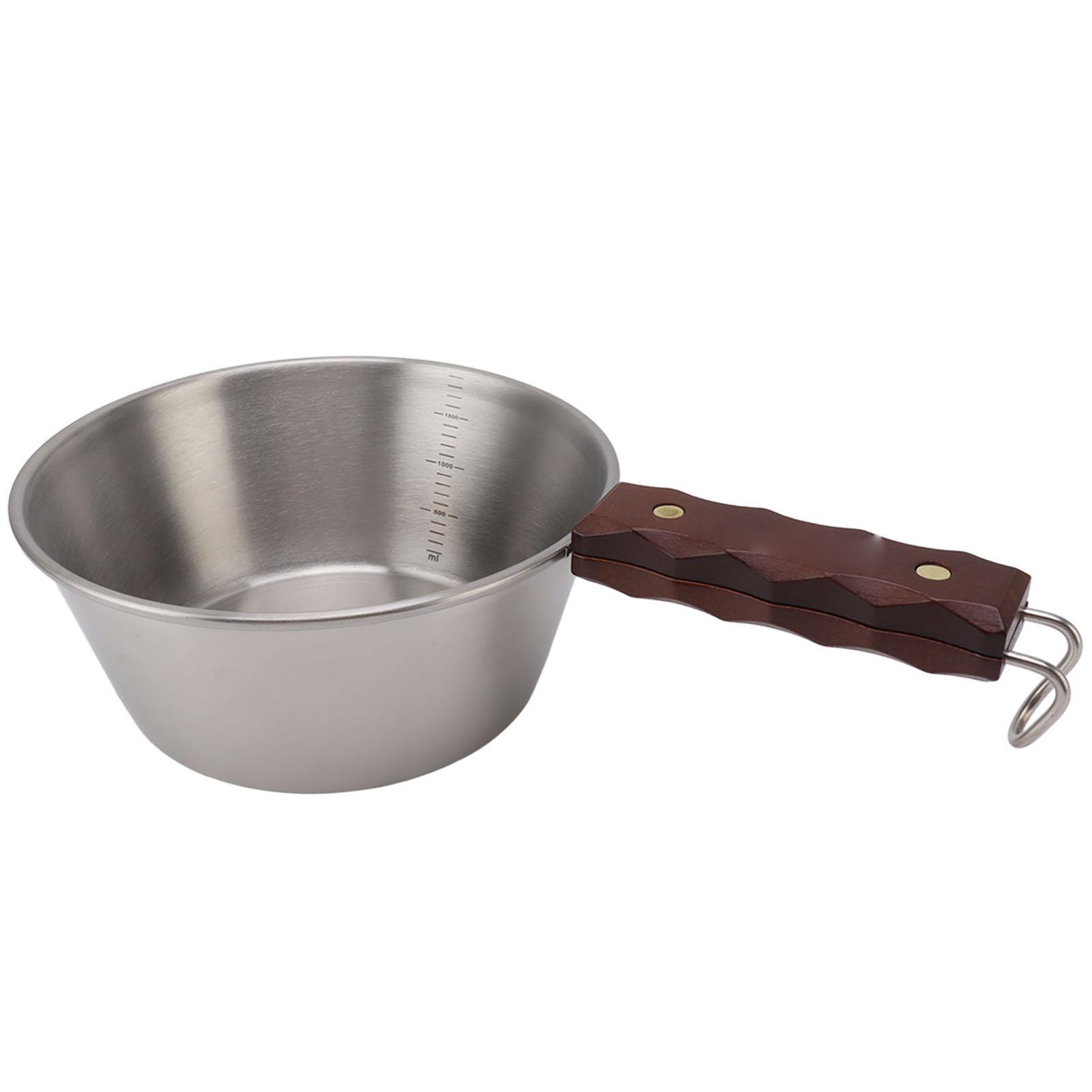 Camping Skillet 304 Stainless Steel 2000ML Wood Handle Safe Portable for Outdoor Hiking Picnic
