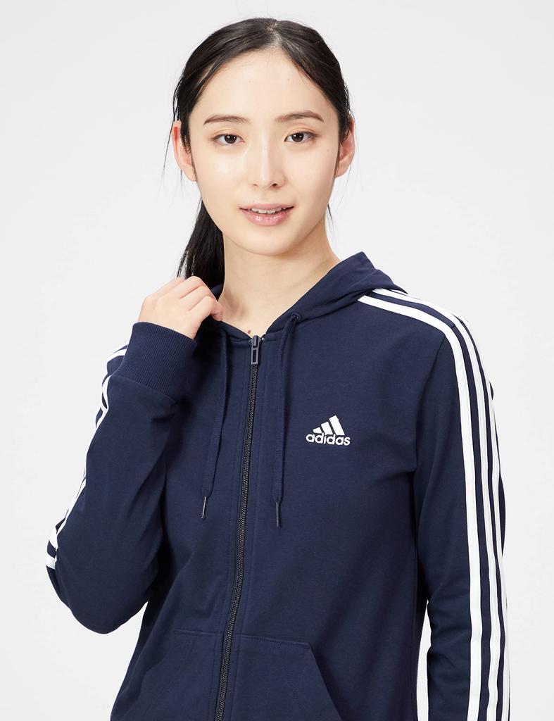 Adidas Essentials Single Jersey Legend Size 3-Stripes Full-Zip Hoodie, Women's, 28853, Ink/White (H07839), J/M