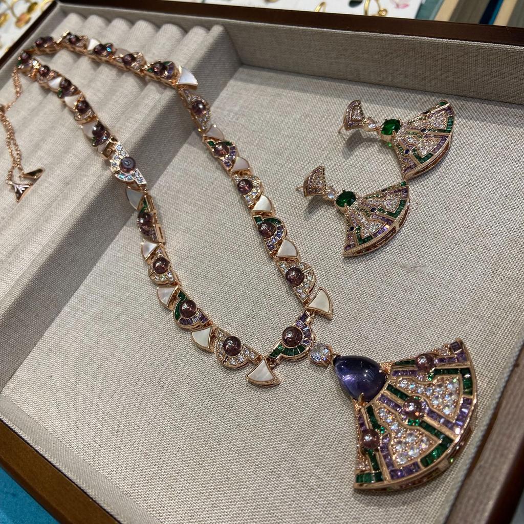 Trendy Winter Geometric Fan Suit Women'S Light Luxury Needle Micro-Inlaid Zircon Series Earrings Necklace