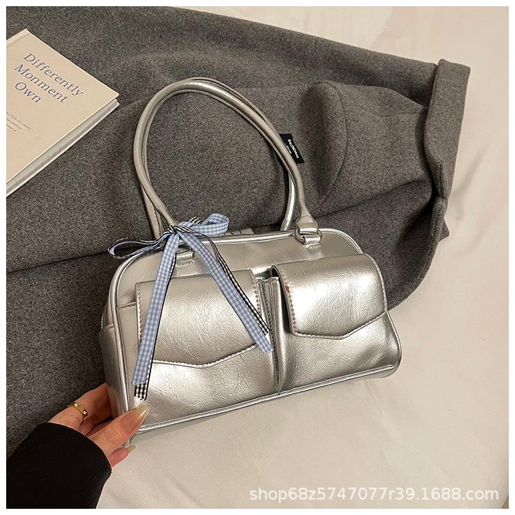 Korean Internet celebrities with the same bowling bag 2025 new niche Boston shoulder bow portable underarm women's bag