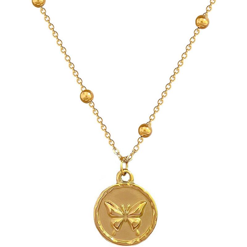 Titanium Steel Round Butterfly Minimalist Furnace Real Gold Necklace Female Collarbone Chain Accessories