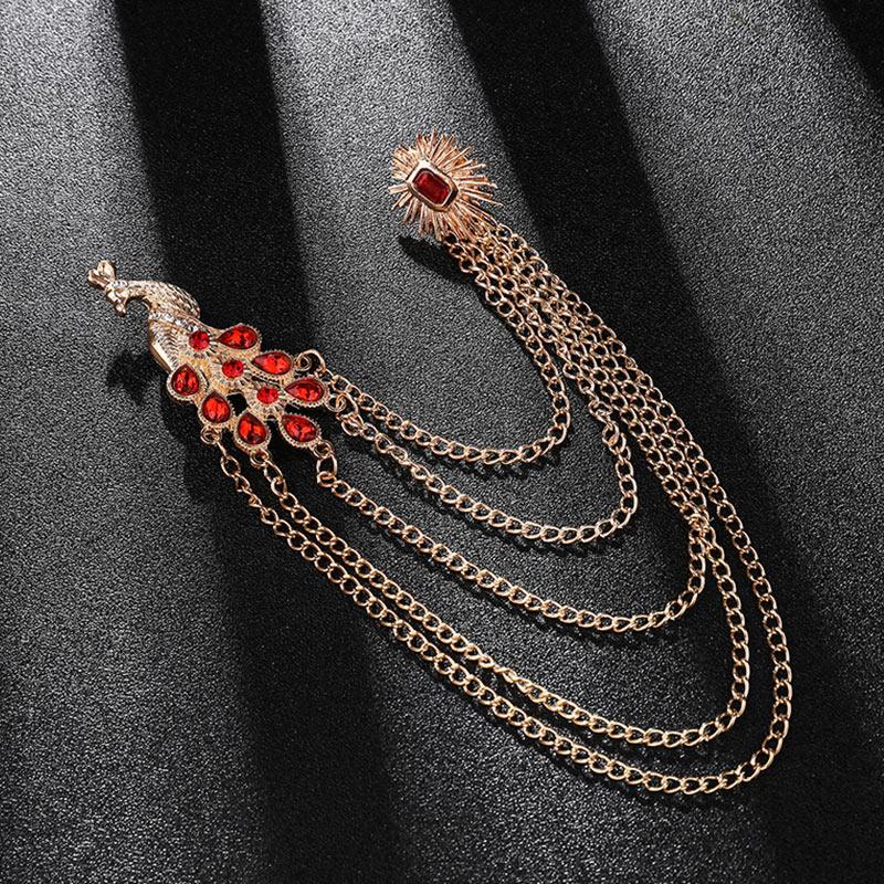 1PC Peacock Suit Accessories Chain Tassel Collar Pins Vintage Men Women Crystal Corsage Brooch Pin