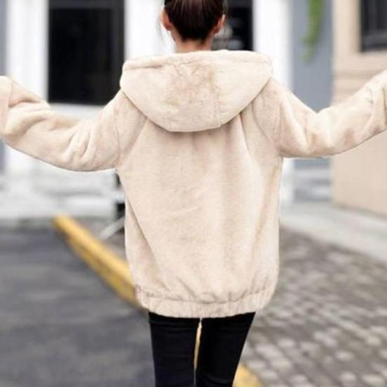 Fall Winter Women Jacket Thick Plush Solid Color Hooded Warm Windproof Soft