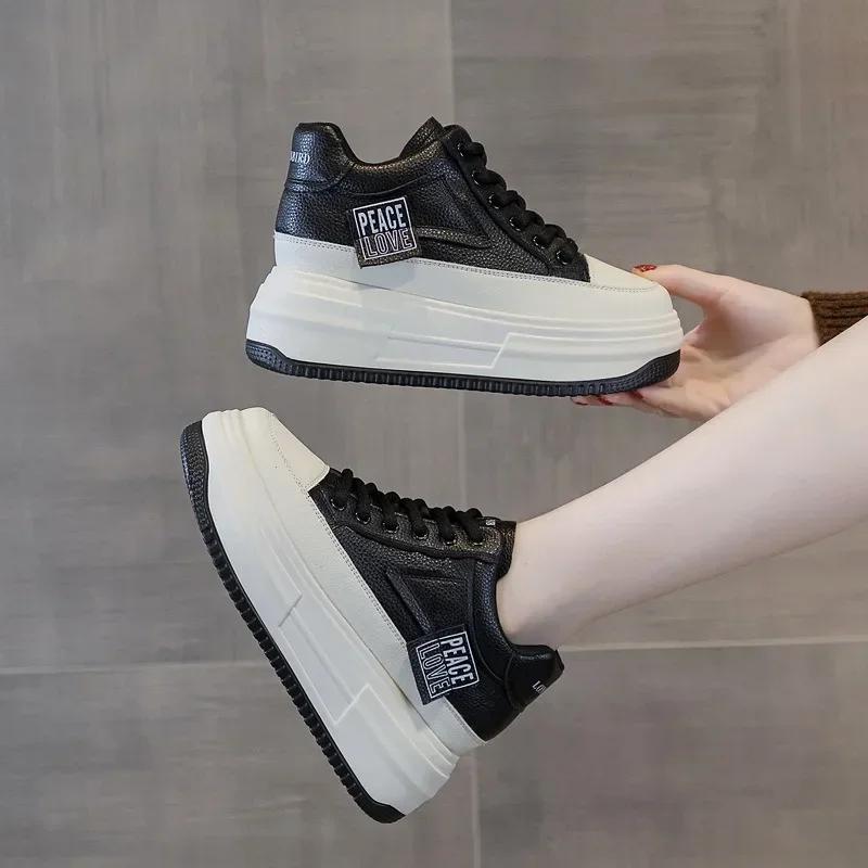 Fashion 2025 New 6.5cm Lace-up Genuine Leather Flat Platform Sneaker Increase Shoes Woman High Top Short Boots Spell Color Trend Shoes