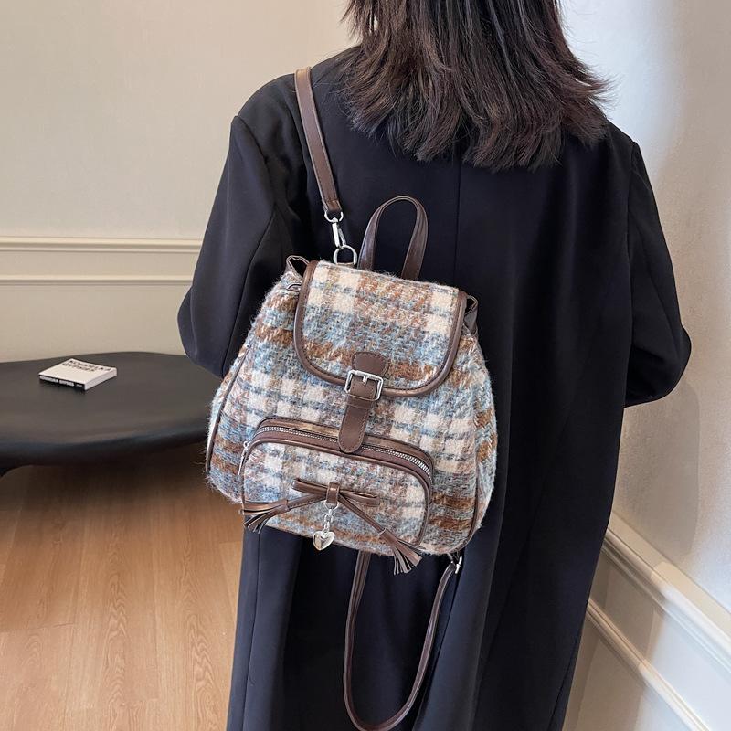 2025 New Contrasting Color Backpack Fashion Gradual Change Plaid College Bag Suede Retro Shoulder Backpack