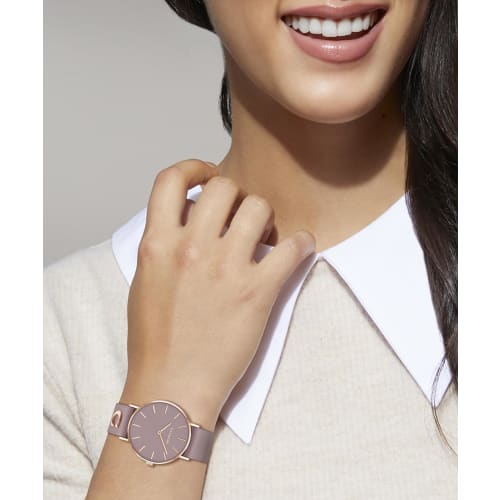 Officially Licensed COACH Women's Perry Watch 14503924, 36mm Rose Gold Case with Purple SIG C Embellishing Dial and Leather Strap