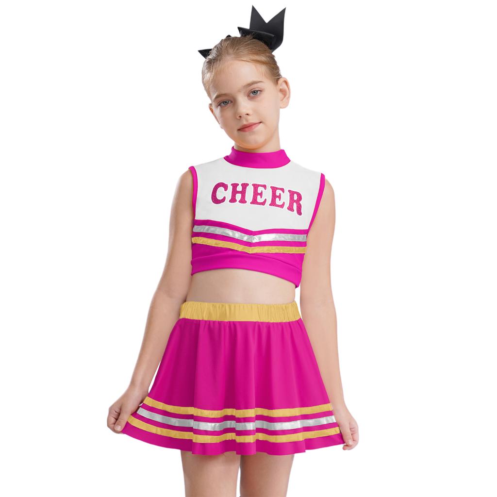 Dziewczęcy crop top bez rękawów z golfem i nadrukiem liter, elastyczny pas, spódnica w paski, zestaw do cheerleadingu i tańca