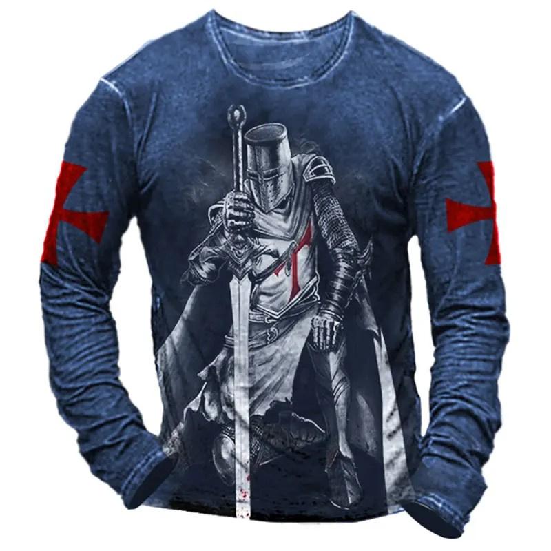 Templar Knight Pattern T Shirt For Men Retro 3D Printed Tees Summer Casual Long Sleeves Loose T-Shirts Street Round Neck Tops