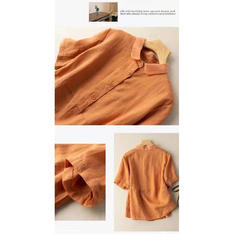 Solid Color Short-Sleeve Pullover Linen Shirt for Women, Vintage Hong Kong Style Cotton-Linen Blouse, 2026 Spring/Summer New Arrival