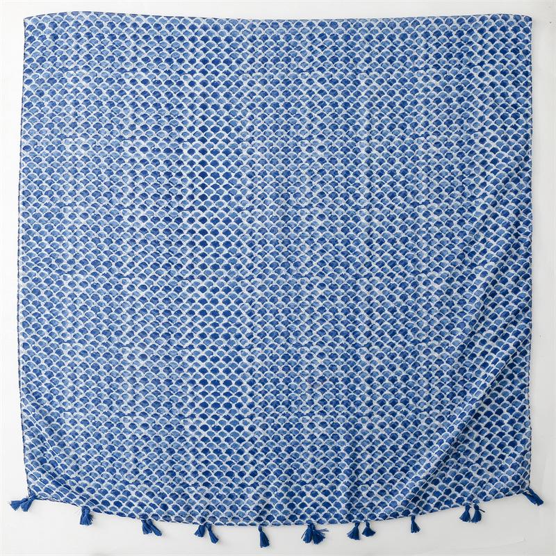 Four Seasons Cotton And Hemp Texture Scarf Small Fresh Green Blue Fish Scale Geometric Tassel Silk Scarf Shawl For Women