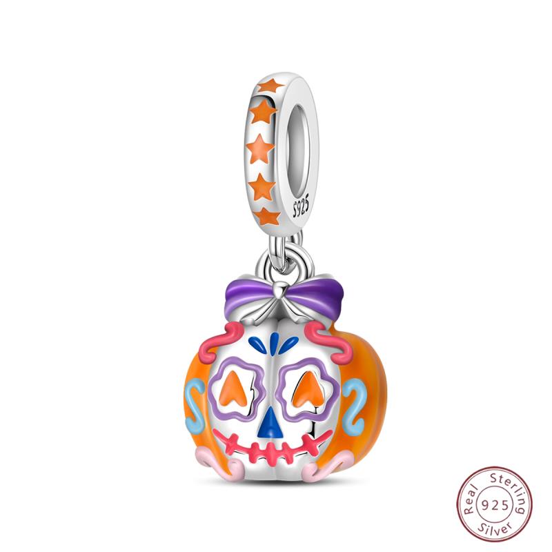 Halloween Charm Bead Gothic Pendant Copper Pumpkin Witch Doll Black Skeleton Mummy Candy Fit Original Bracelet Diy Jewelry