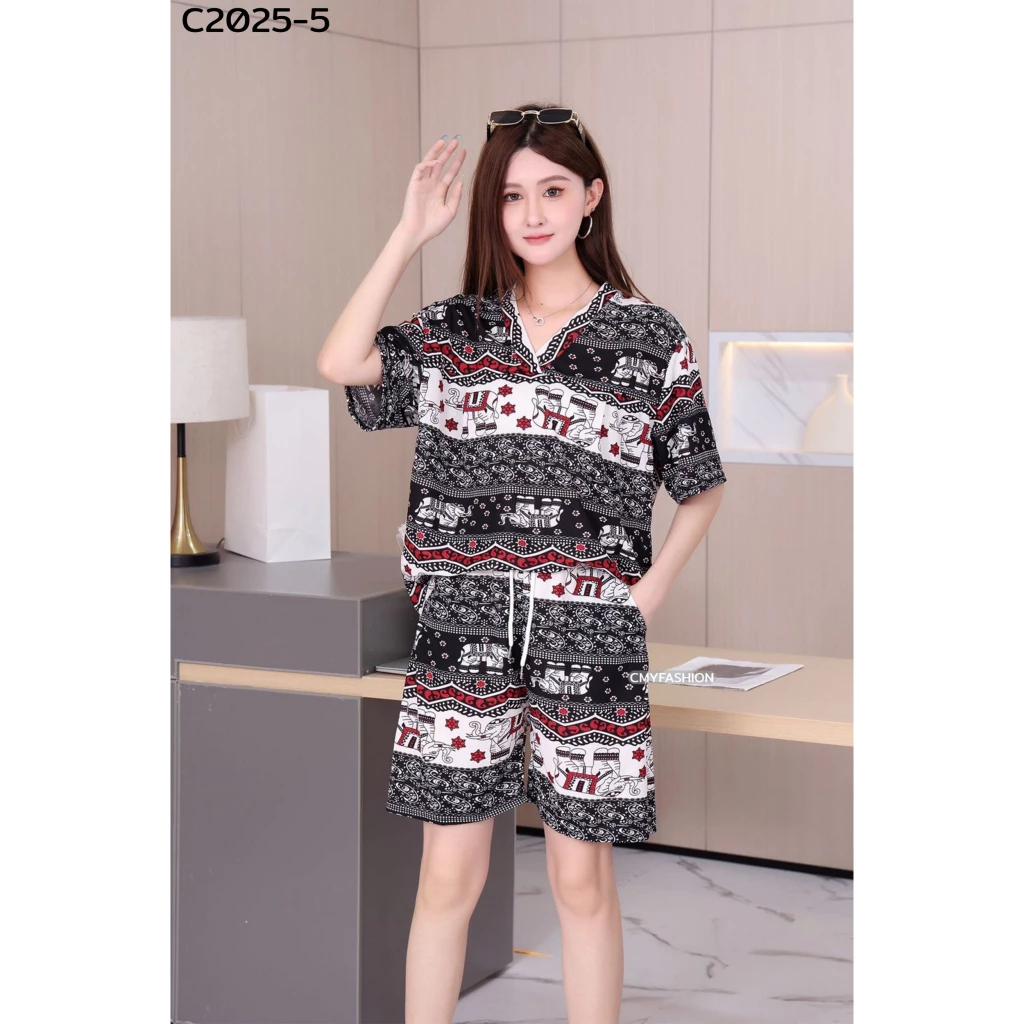 Elephant Pants Shorts Shirt Set V-neck Crop Top Short Sleeve Adjustable Elastic Waistband Strap Women Print Casual Boho Bohemian Retro Vintage