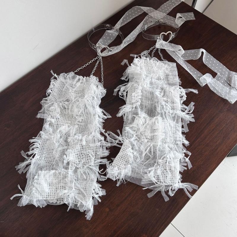 Women Lace Leg Warmers with Leg Loop Subculture Long Leg Socks Baggy Cuffs Ankle Heap Socks Mesh Flared Leg Sleeves