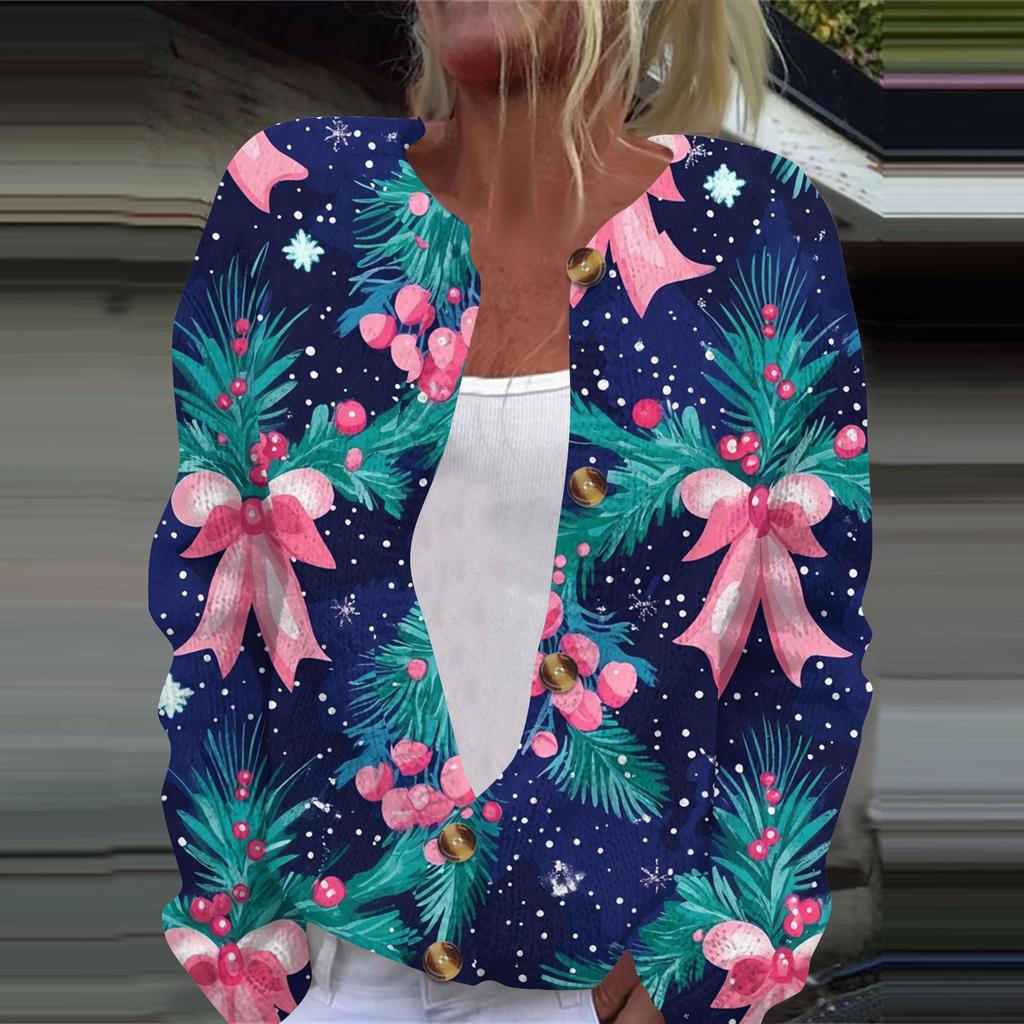Women's Fashion Printed Long Sleeve Knitted Cardigan Button Down Jacket