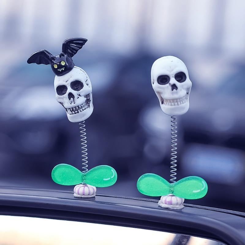 Halloween Car Shaking Skull Ornament Automotive Dashboard Center Console Bat Skull Decoration Accessories Funny Gift Ornaments