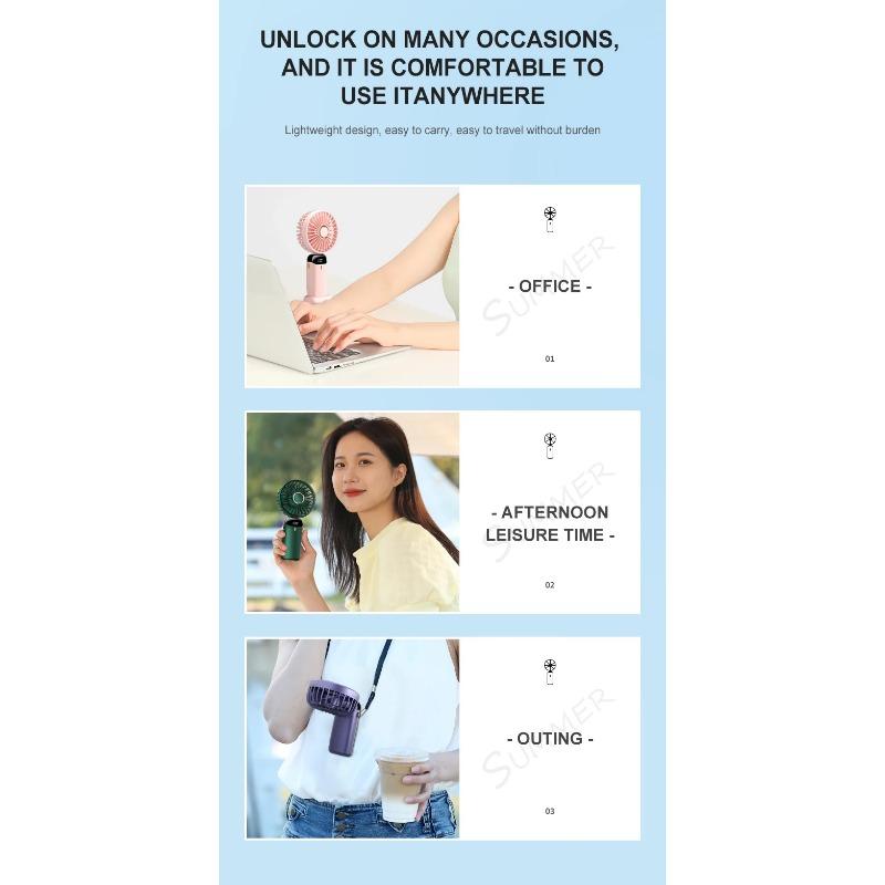 Mini ventilator portabil USB, pliabil, portabil, agățat pentru gât, ventilator reîncărcabil prin USB cu 5 viteze, cu suport pentru telefon și ecran de afișare