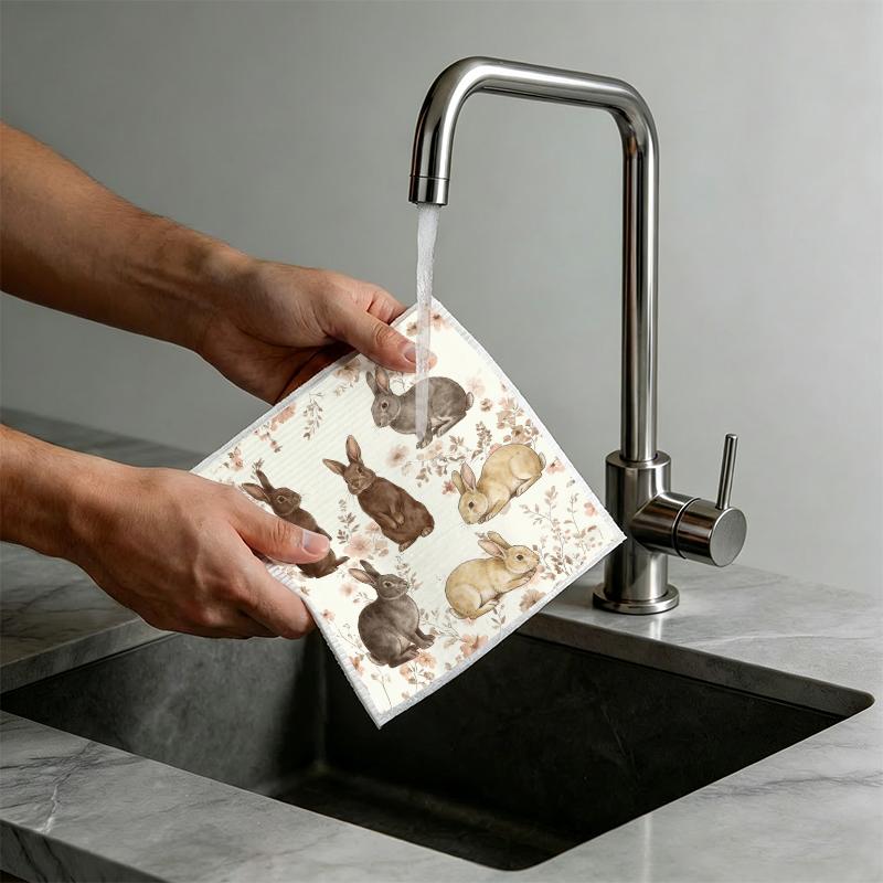 6PCS Cleaning Dishcloths Reusable Kitchen Dish Towels Rabbit Pattern Dishcloth Absorbent Lint Free Cloth Washable Duster Rags Tea Towels