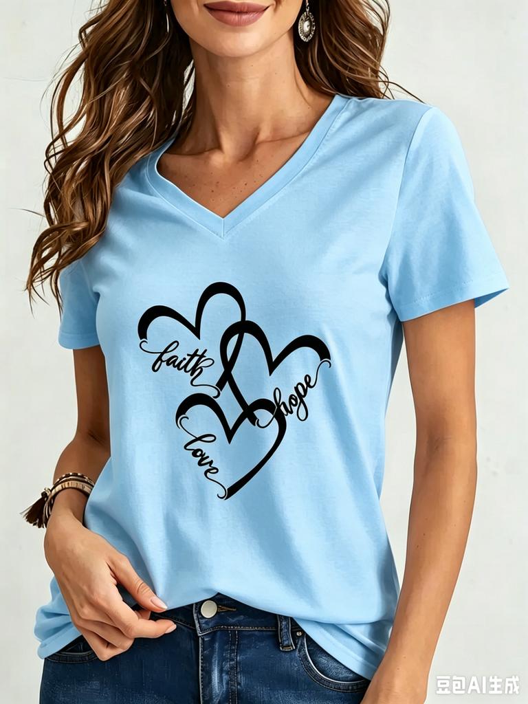 Funny Love 3D Print Women's T-Shirts Fashion V-neck Short Sleeve Tops Daily Casual Girl T shirt Summer Loose Tee Ladies Clothing