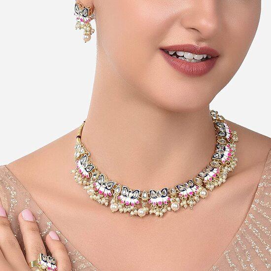 

Свадебный синий и розовый Meenakari Lotus Design Choker, ожерелье, серьги и кольцо, набор для женщин
