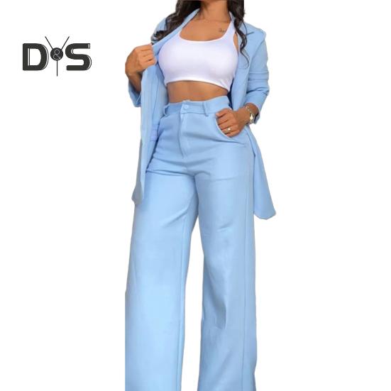 2 Pcs/Set Women Coat Pants Suit Single-breasted Turn-down Collar Long Sleeve Catdigan Jacket Wide Leg Straight High Waist Pants Lady Commute Coat