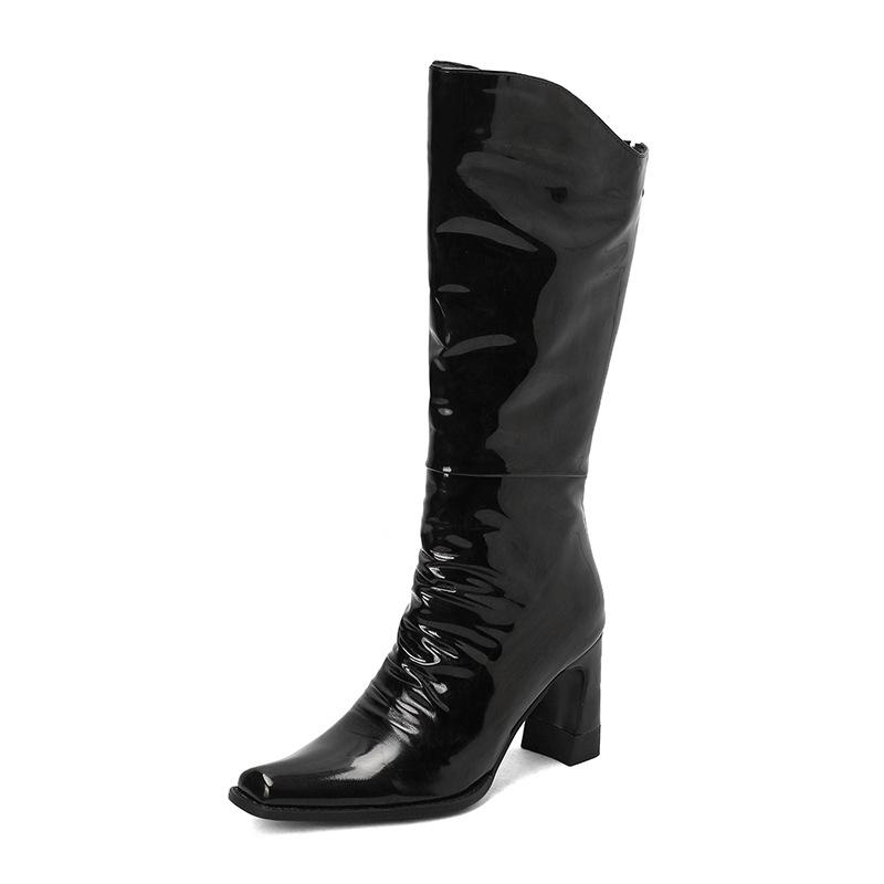Large size 33-45 Large size women's autumn and winter boots thick heel rear zipper patent leather women's shoes