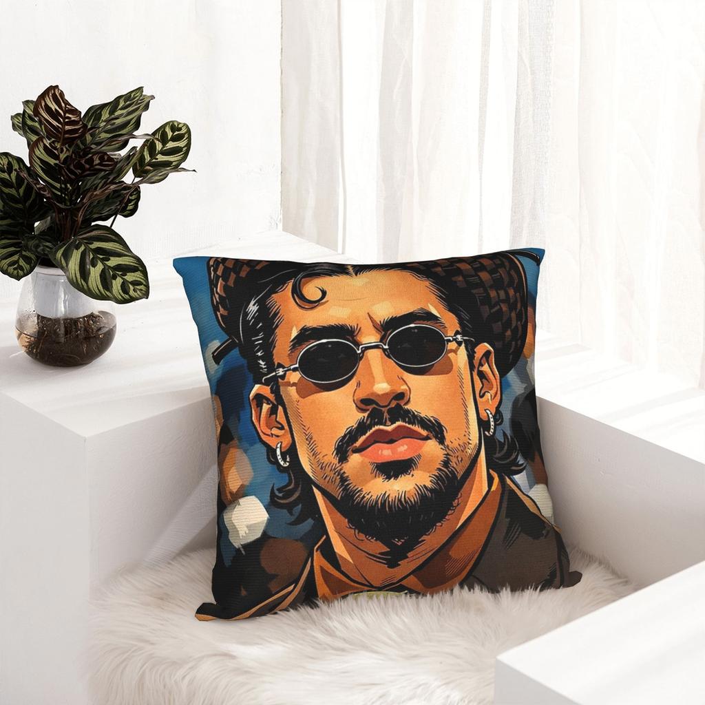 Singer Bad Bunny Pillowcase Soft Fabric Cushion Cover Decoration Throw Pillow Case Cover Home Zipper