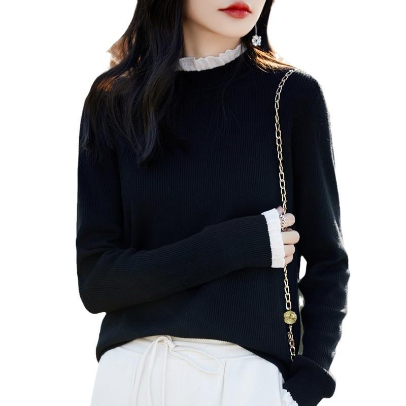Women's Black Ruffle Lace Knit Sweater - Semi-High Neck Top for Spring/Autumn 2025