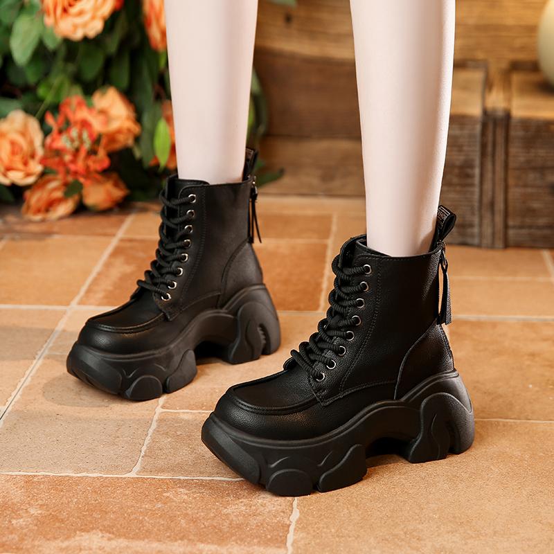 Fashion 8CM Chunky Platform Ankle Boots Women 2025 New Autumn Winter Motorcycle Boots Woman Thick Bottom Non Slip Leather Combat Boots