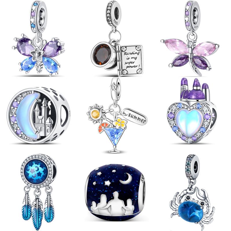 Passform Pantaro Charms Armband Damen Zirkon 925 Kupfer Buntes Muranoglas Schloss Schmetterling Libelle Krabbe Blaue Nachthimmel Perlen