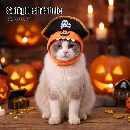 Soft Fleece Pet Accessory Cat Pumpkin Pirate Hat, Halloween Cozy Funny Hat Cosplay for Cats, Small Dogs, Holiday Party Orange And Black Apparel
