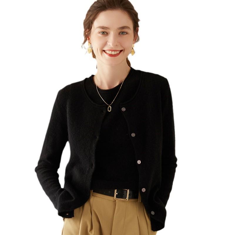 Women's Long-Sleeve Cashmere Cardigan - Round Neck, Cuffed, Single-Breasted, Loose Fit, Slimming Sweater for 2024 Autumn/Winter