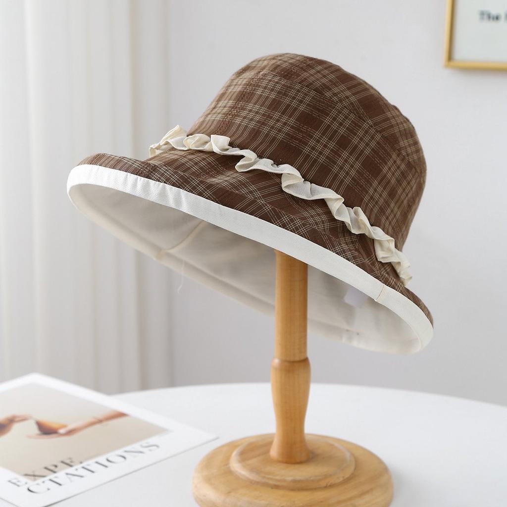 Women's New Spring Summer Plaid Bucket Hat, Rolled Brim Lace Decor, Casual Travel Hat