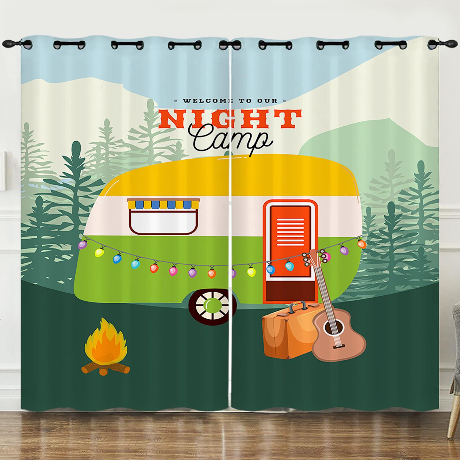 Штора Путешествие Автодом Иллюстрация 3D Цифровая печать Блэкаут Штора На люверсах 2pcs*97cm*114cm*2