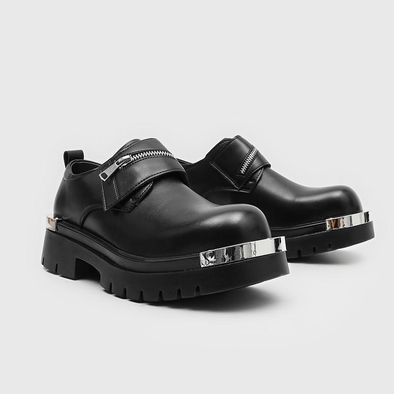 Thick Sole Big Head Metal Style Derby Shoes for Men Zipper Decorati Anti Kick Anti Slip Persalized Casual Youth Men Shoes
