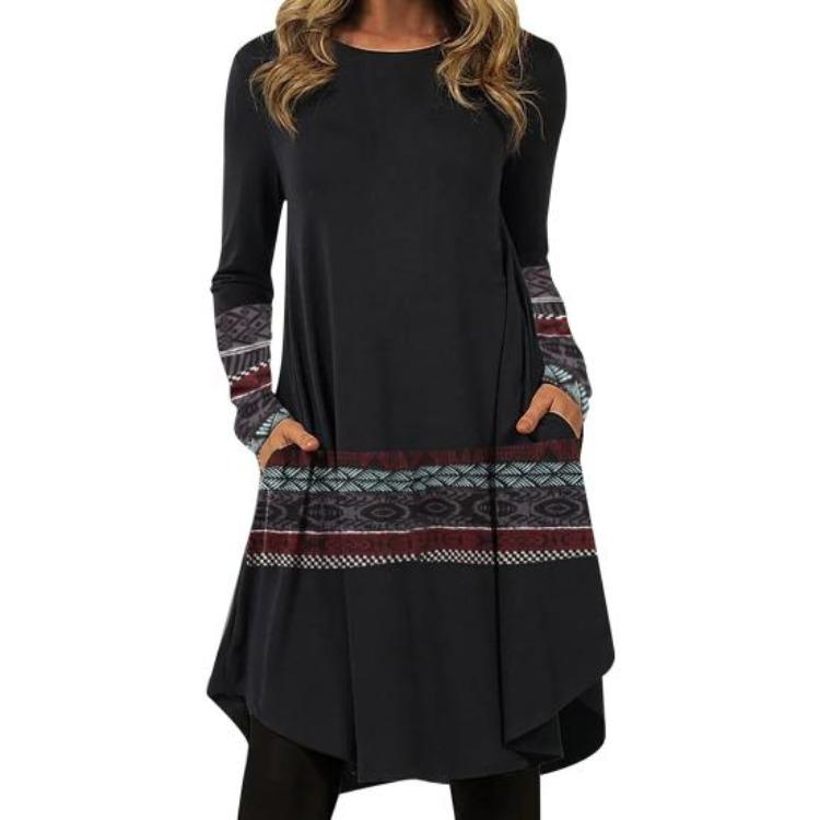 Lady Warm Long Sleeve Autumn Dress Trendy Casual Geometric Pattern Work Dress