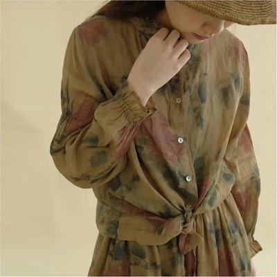 Women Print Floral Shirts Tops Ramie Stand Long Sleeve Button Autumn Blouses High Quality Vintage Shirts