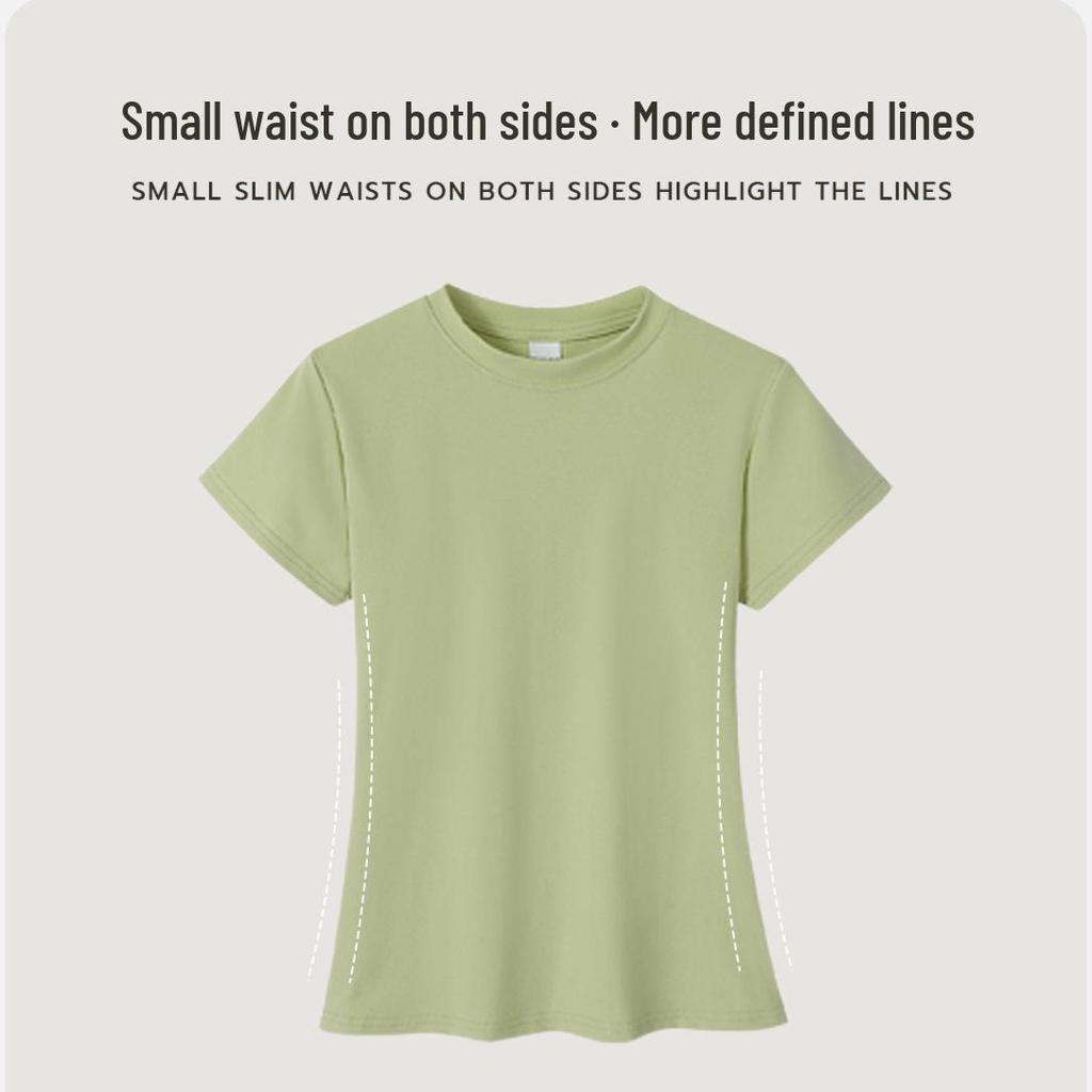 Round Neck Stretchy Spandex Waist-Cinching Women's T-Shirt, Pure Color Short Sleeve, Girls' Custom Blank Tee